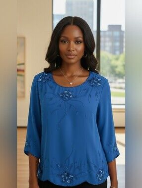 Anthony Richards Blue Beaded Floral Evening Blouse Sz.18P